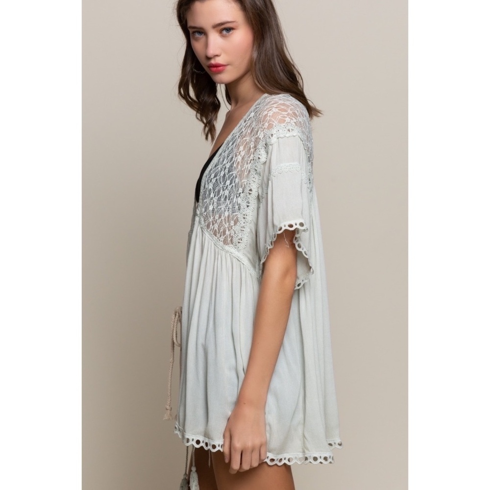 POL Light Sage Tassel Tie Rayon Gauze + Lace Kimono Cardigan - Picture 3 of 6